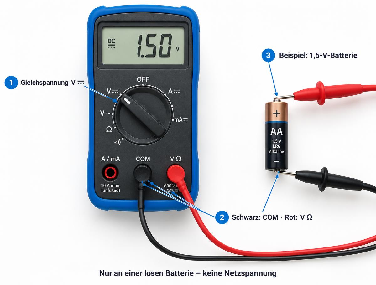 Illustratives Multimeter-Beispiel: Gleichspannung V DC wählen, schwarze Leitung in COM und rote Leitung in V/Ω stecken; an einer losen 1,5-V-Batterie messen.